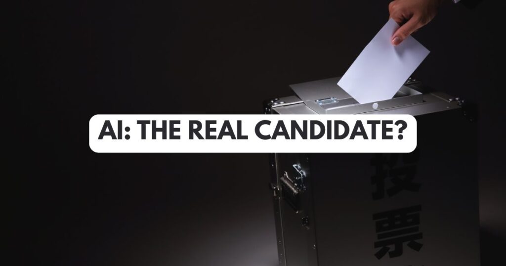 A glitchy AI-generated human face superimposed over a 2026 election ballot box.