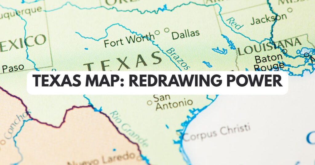 Map of Texas with a judge's gavel symbolizing the Supreme Court redistricting case.