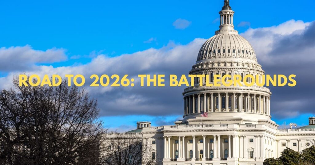 An analysis image for the 2026 US midterm elections, featuring a Capitol building and a decision-making voter.