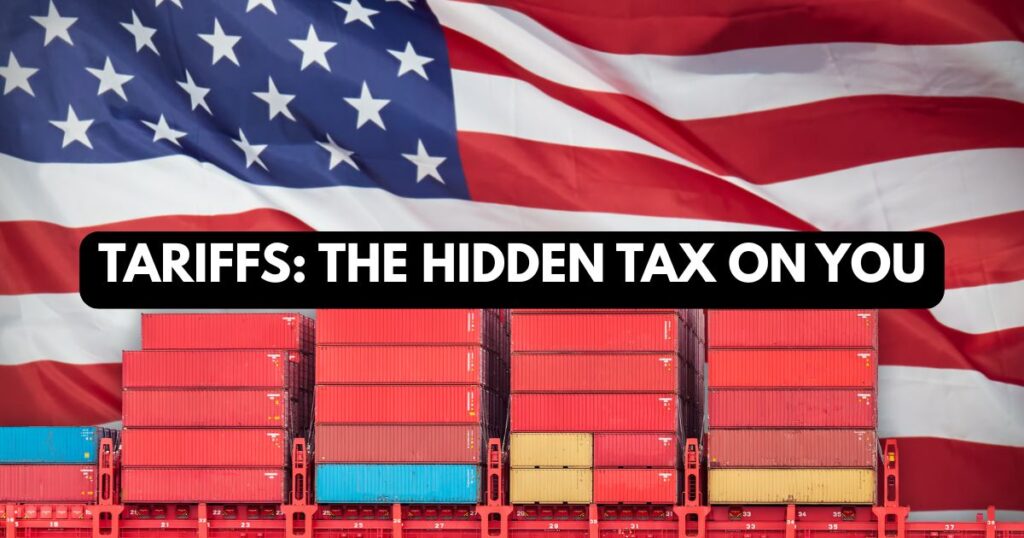 An infographic showing how US China trade war tariffs are passed down as costs to American consumers in 2026.