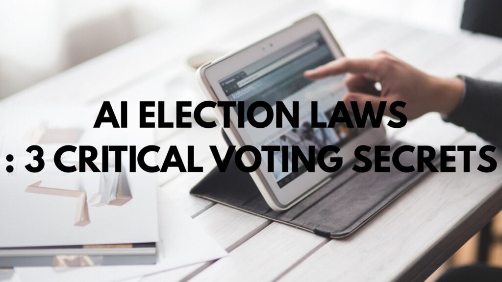 A modern high-tech infographic showing how new AI Election Laws regulate deepfakes and synthetic media in political advertising.