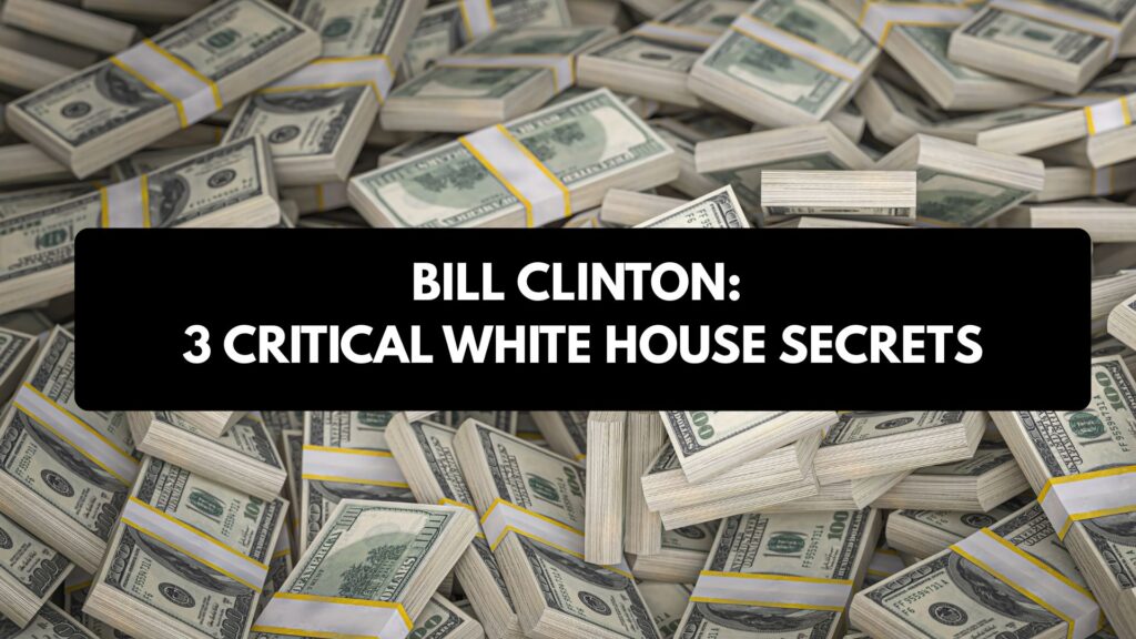 A professional historical infographic detailing the secrets, budget surplus, and impeachment trial of President Bill Clinton.