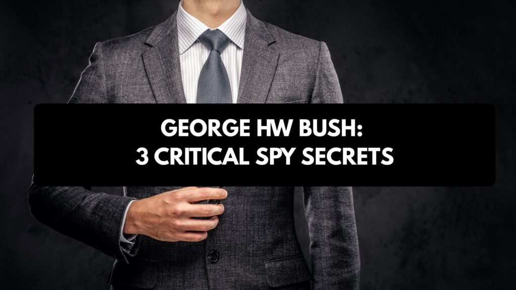A professional historical infographic detailing the secrets, CIA background, and Gulf War of President George H.W. Bush.