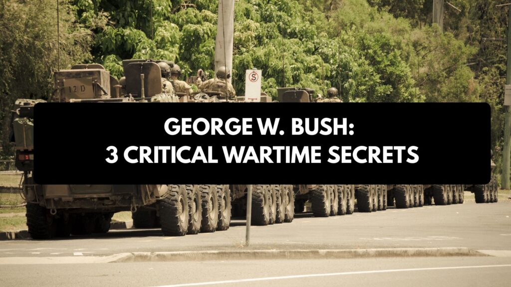 A professional historical infographic detailing the secrets, 9/11 bunker decisions, and Iraq War statistics of President George W. Bush.