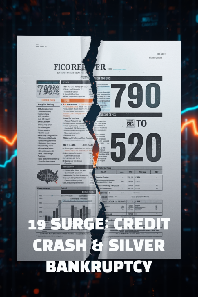 A detailed professional graphic layout with extensive data text illustrating the Silver Bankruptcy Surge.
