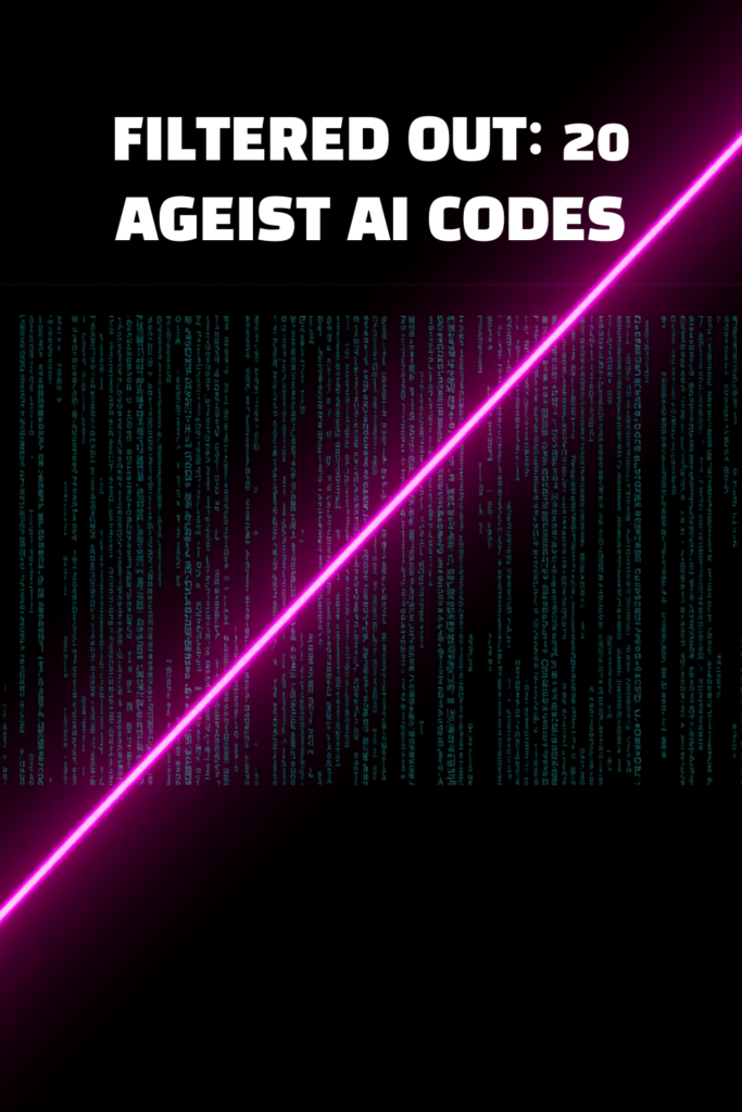 A detailed professional tech infographic layout with neon green and magenta accents illustrating Corporate Ageist AI Filters.