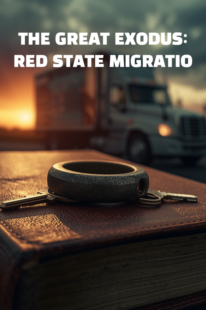 A dramatic professional infographic detail of a financial ledger and a moving truck silhouette illustrating the Red State Migration.