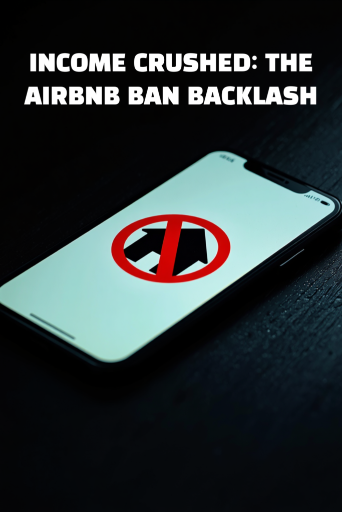 A professional historical infographic detail of a smartphone displaying a banned house icon illustrating the Airbnb Ban Backlash crisis.
