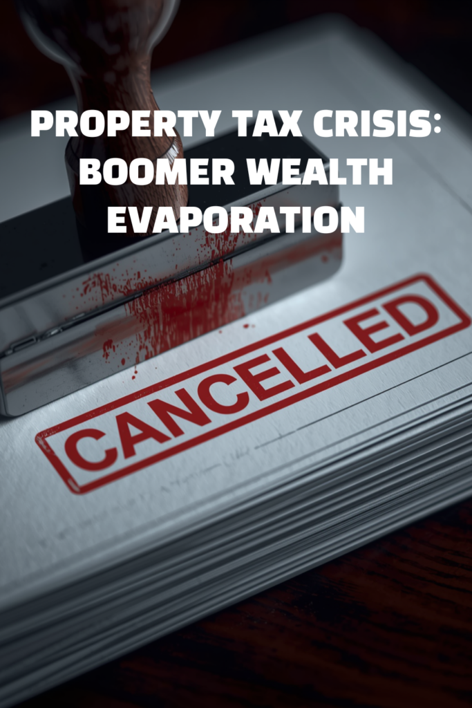 A dramatic professional infographic detail of a metallic stamp and cancelled property deeds illustrating the Blue State Property Tax crisis.
