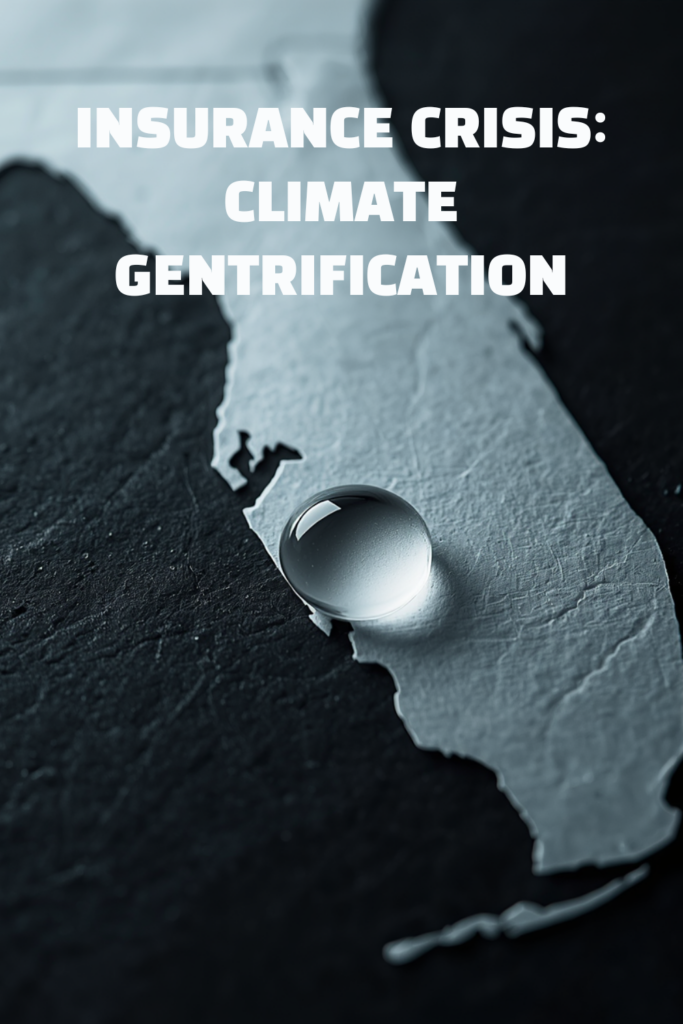 A professional historical infographic detail of a water droplet falling onto a Florida map illustrating the climate gentrification crisis.
