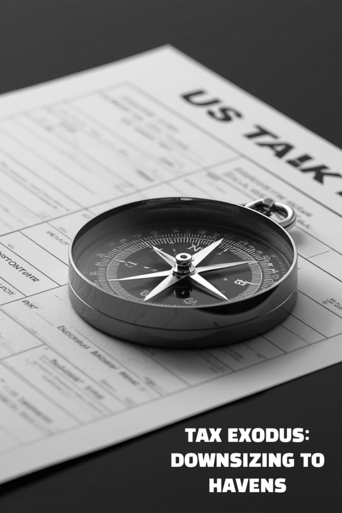 A sharp professional infographic detail of an open metallic compass on tax documents illustrating the downsizing to tax havens strategy.