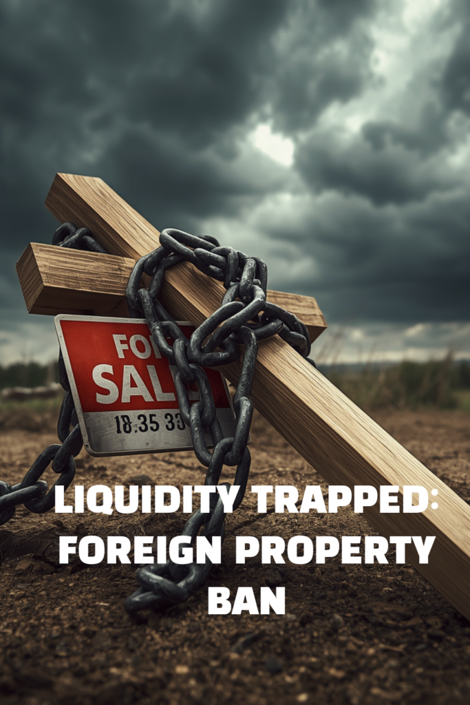 A dramatic professional infographic detail of a chained real estate sign on cracked ground illustrating the Foreign Property Ban crisis.
