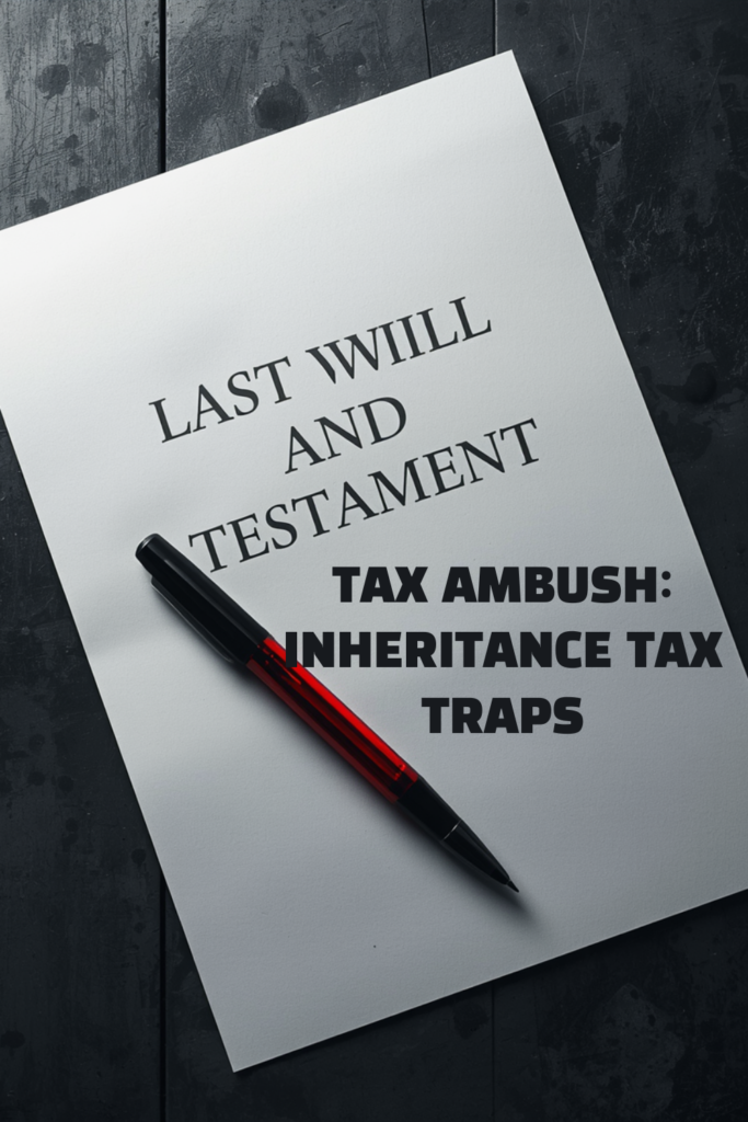 A clean professional infographic detail of a Last Will and Testament document illustrating the inheritance tax traps crisis.