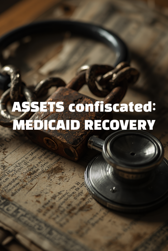 A clean professional infographic detail of a padlock on a stethoscope and legal documents illustrating medicaid estate recovery.