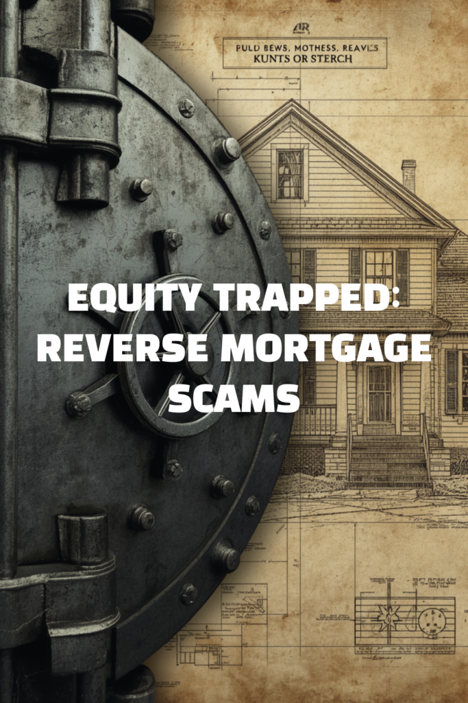 A sharp professional infographic detail of a bank lock and property blueprint illustrating reverse mortgage scams.