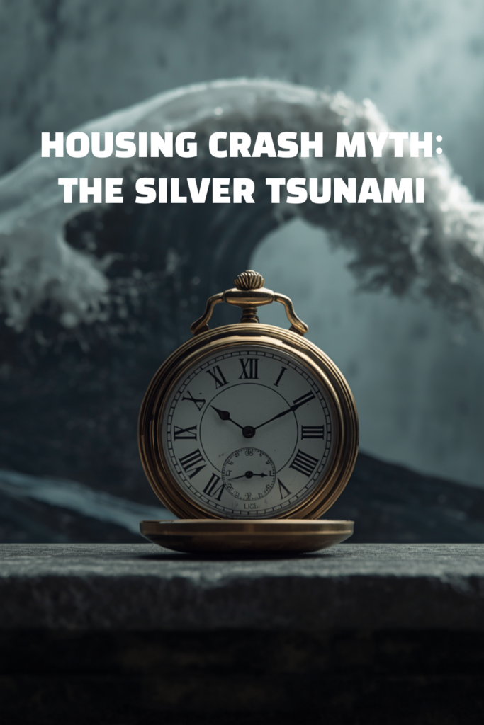 A dramatic professional infographic detail of an antique pocket watch and an abstract wave illustrating the Silver Tsunami Myth.