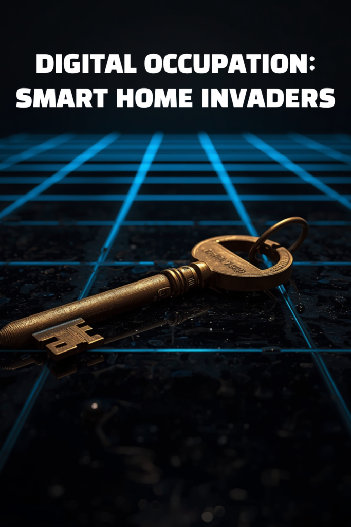 A dramatic professional infographic detail of an old brass key and a digital neon grid illustrating the Smart Home Invaders crisis.