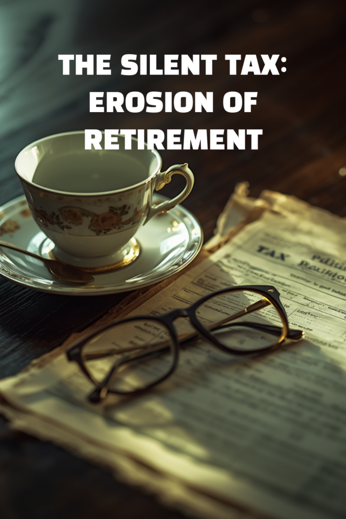 A poetic professional infographic detail of a vintage teacup and tax documents illustrating the Social Security Taxes crisis.