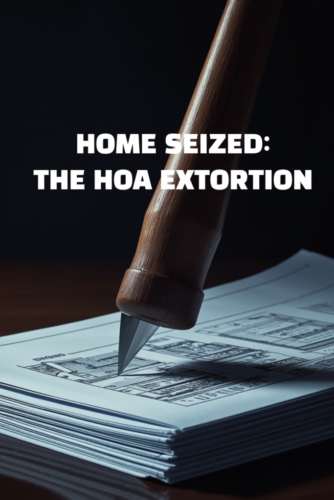 A sharp professional infographic detail of a judge's gavel and housing blueprints illustrating the HOA extortion crisis.