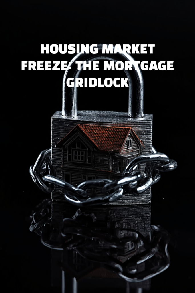 A professional historical infographic detail of a miniature house wrapped in iron chains and a padlock illustrating the mortgage gridlock crisis.