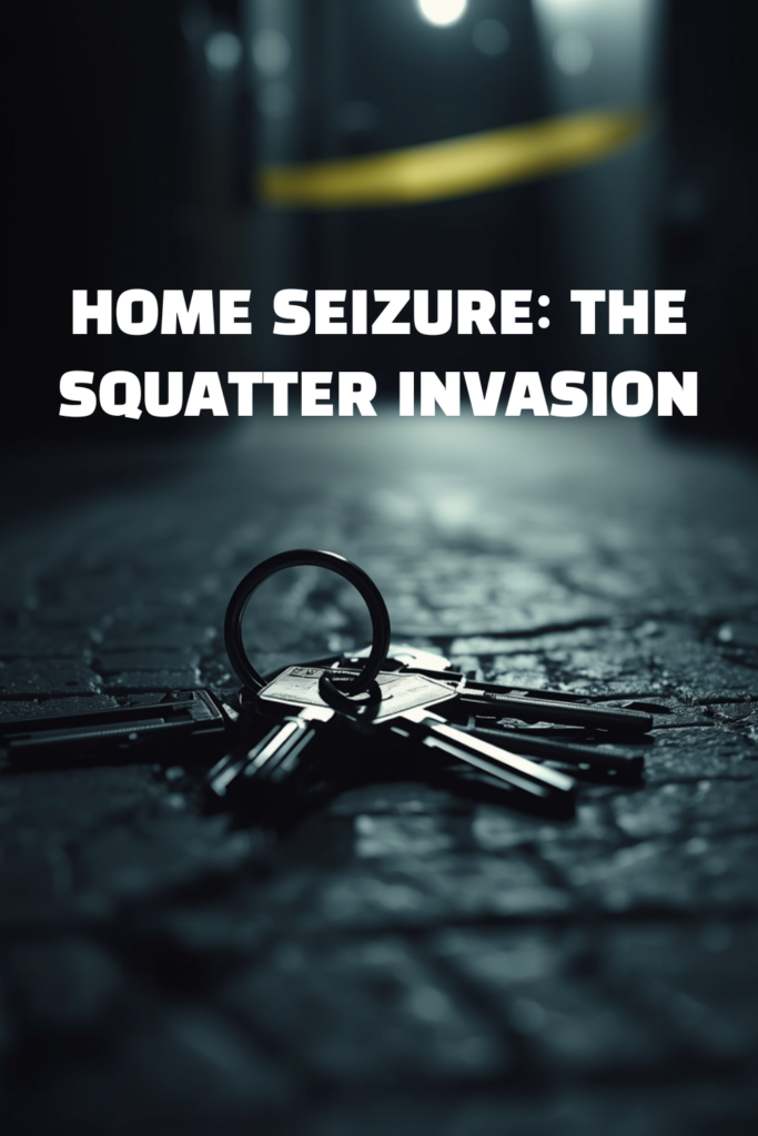 A dramatic professional infographic detail of house keys on a concrete floor illustrating the squatter invasion crisis.