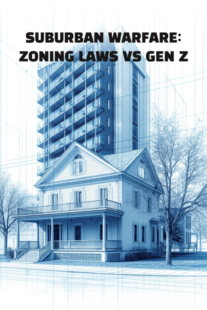 An architectural blueprint infographic showing the collision between high-density complexes and single-family zoning regulations.