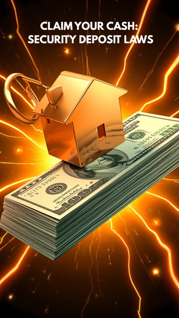 A vibrant pop-art infographic with neon orange and yellow accents illustrating security deposit refund laws.