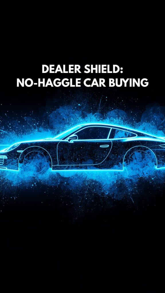 A vibrant neon sky blue infographic illustrating the no-haggle car buying shield strategy.