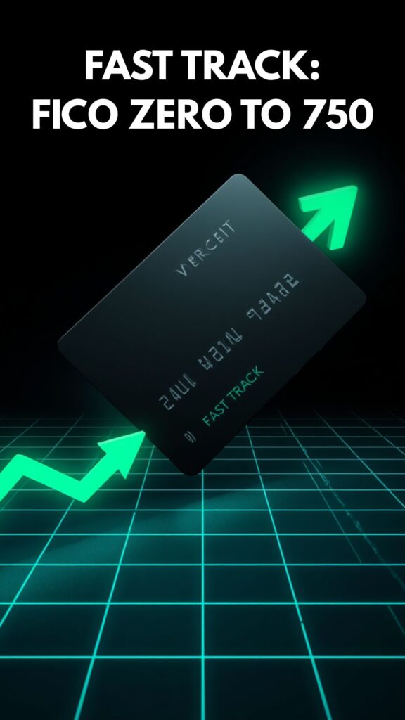 A sharp professional infographic with neon green and cyan accents illustrating the FICO Score Zero to 750 fast-track guide.