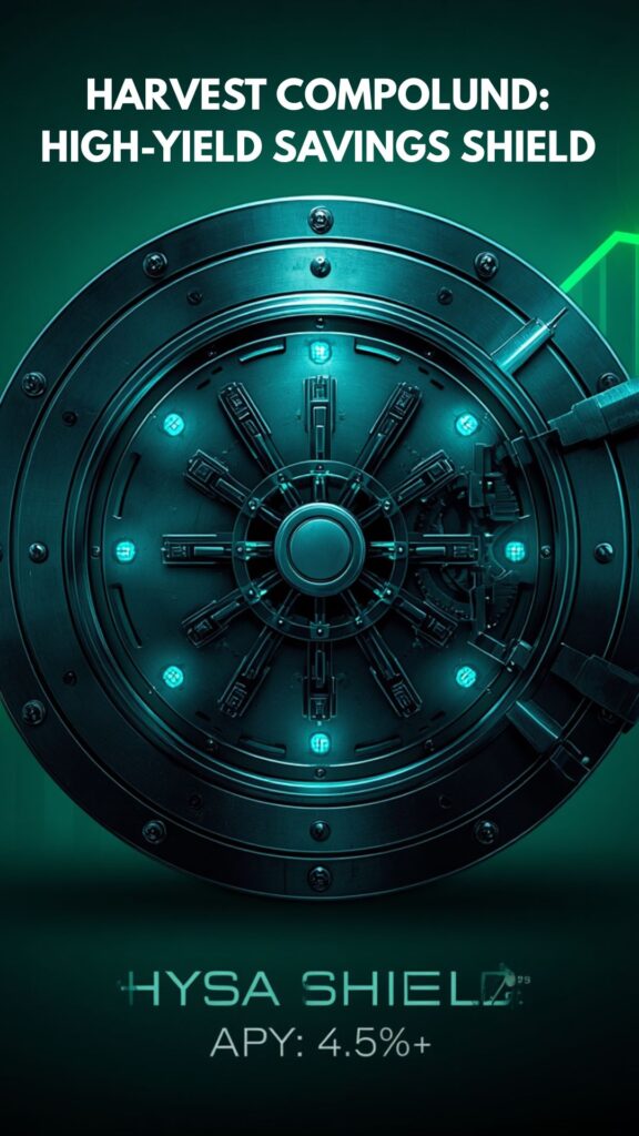 A clean professional infographic with neon blue and emerald green accents illustrating the high-yield savings account trap strategy.