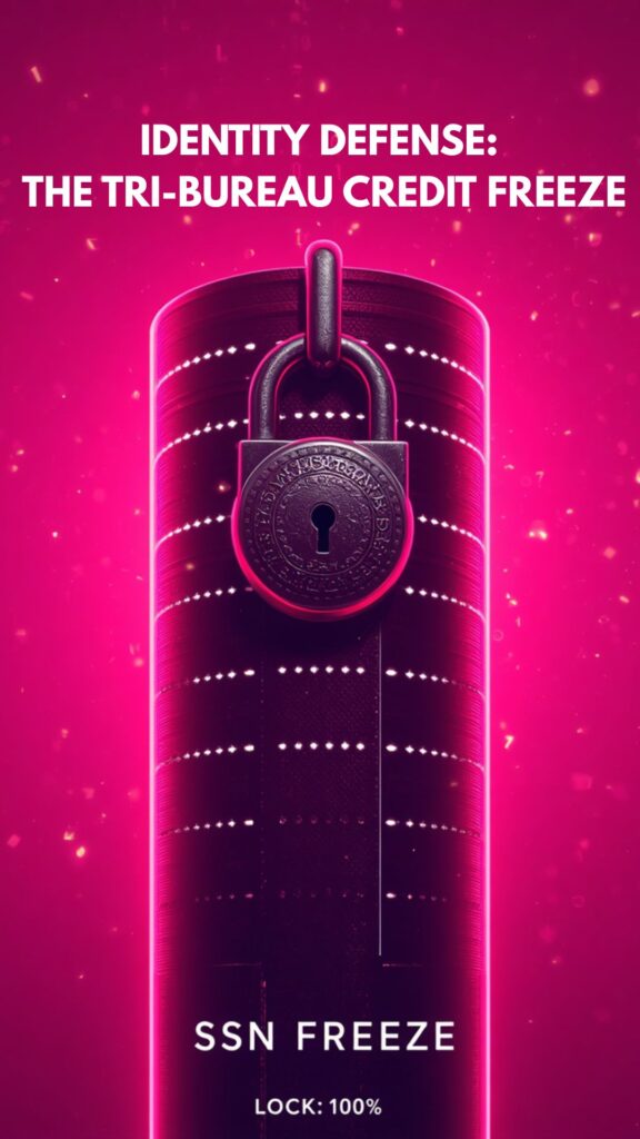 A professional infographic with vibrant neon pink and gold accents illustrating the credit freeze defense strategy.