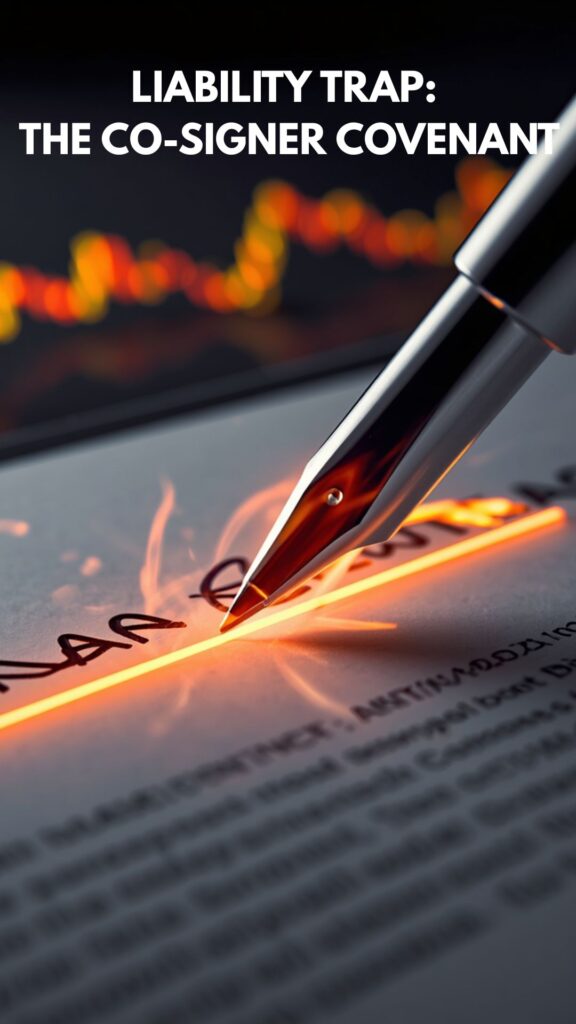 A professional editorial infographic with vibrant neon orange and amber accents illustrating the legal risks of a co-signer liability trap.