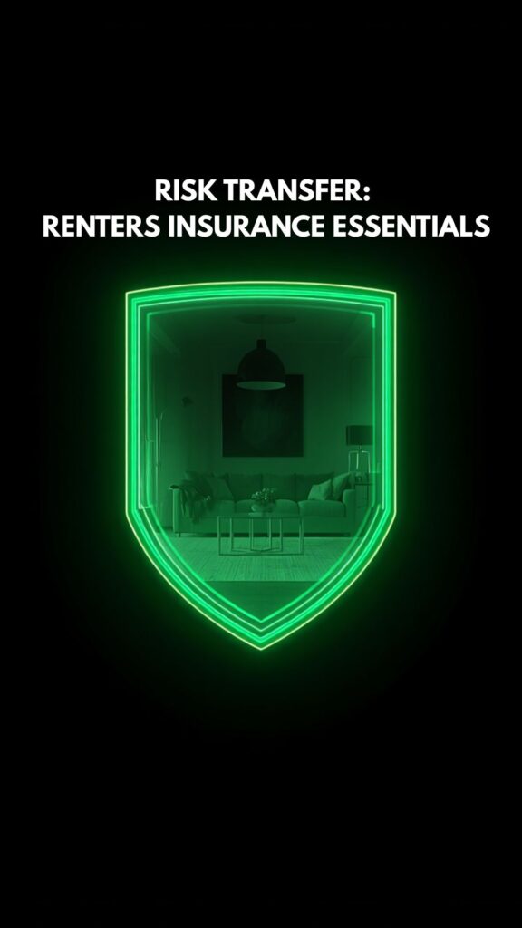 A professional infographic with neon green and yellow accents illustrating renters insurance essentials.