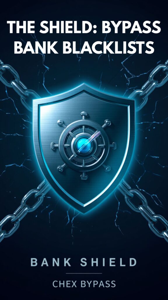A professional infographic with neon blue and silver accents illustrating the ChexSystems blacklist shield banking strategy.