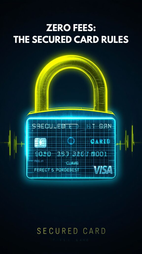 A clean professional infographic with hazard yellow and cyan accents illustrating the first secured credit card rules.